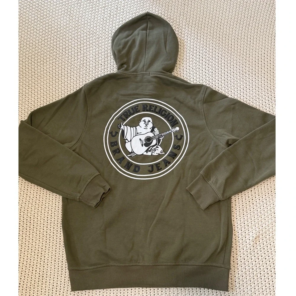 True Religion Men's Size L Olive Green Zip-Up Hoodie‎ Streetwear Y2K Logo